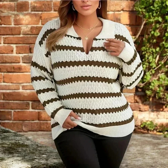 ๐๏ธ2X Cozy Plus Size Striped Knit Sweater Polo Collar Pullover For Fall Winter - Picture 7 of 10